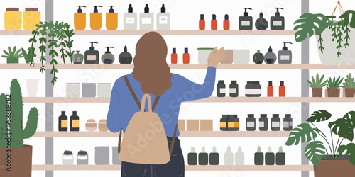 Woman shopping for beauty products on shelves in a minimalist store