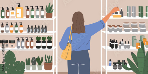 Woman browsing shelves filled with various beauty and wellness products