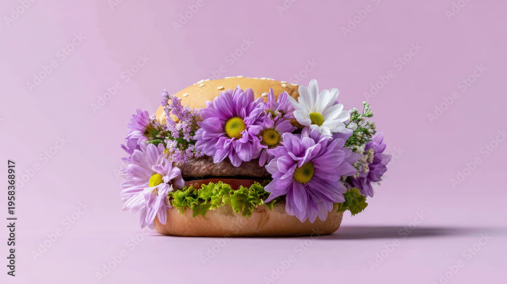 Obraz premium Creative burger showcasing fresh flowers, representing innovation in culinary art and imaginative food preparation