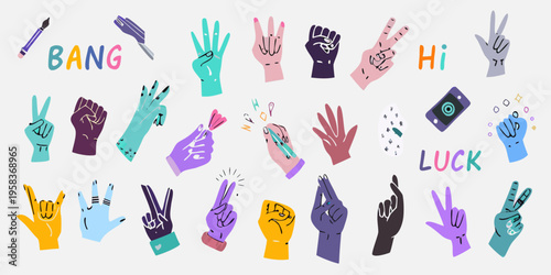 Colorful illustration of hands making various gestures and playful typography