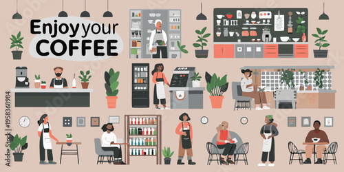 A colorful illustration depicting a busy modern coffee shop environment
