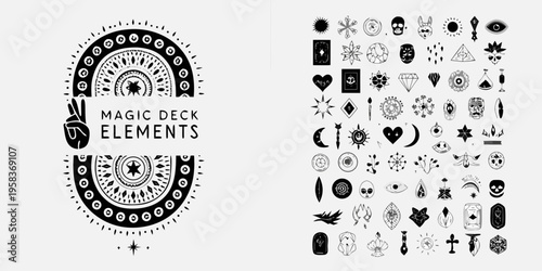 Black and white illustration of magic deck elements and mystical symbols