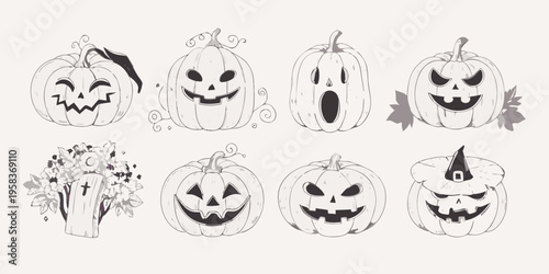 A collection of hand drawn halloween pumpkins and spooky autumnal elements