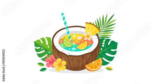 Tropical Coconut Drink with Exotic Fruits and Leaves.