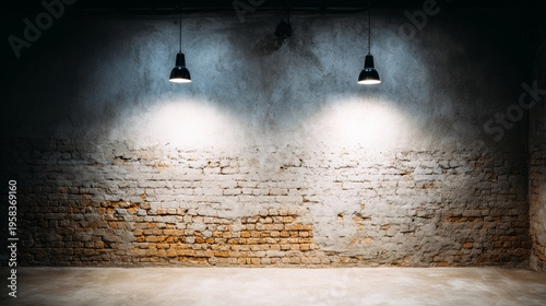 Empty room featuring a raw brick wall partially covered in concrete, with two industrial lamps illuminating the rough surface