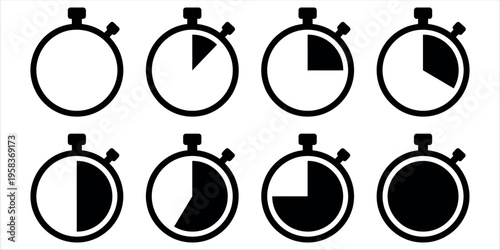 Clean and modern collection of eight circular clock faces with varying black and white sections, ideal for time management, scheduling, business, or abstract design projects.