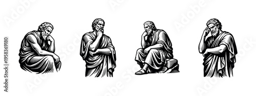 Black and white silhouette of thinking philosophers in classic pose illustration