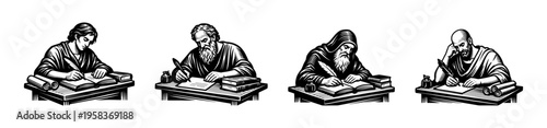 Illustration of medieval scholars writing at desks, historical vector art, black and white silhouette