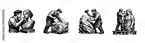 Vintage black and white vector illustrations of sculptors carving marble statues