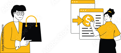 Illustration of online shopping and financial transaction process