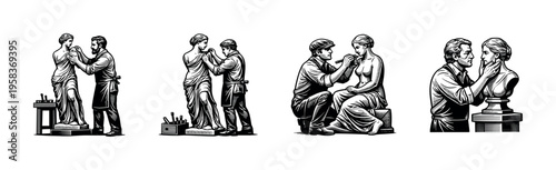 Classical sculptor crafting statues, black and white illustration, artistic silhouette elements