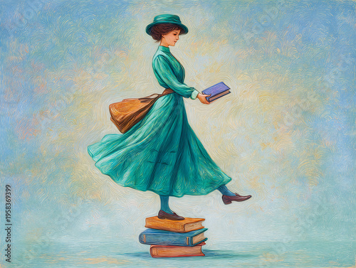 Authentic Young Lady Balancing a Stack of Books