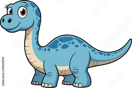 Cartoon illustration of a friendly blue dinosaur with a long neck, smiling happily