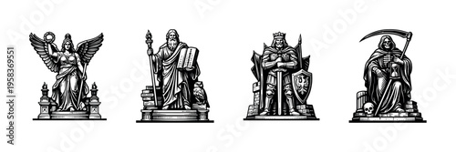 Black and white vector silhouette of four historic and mythical statues