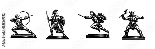 Ancient warrior statues silhouette vector illustrations depicting archers and greek soldiers