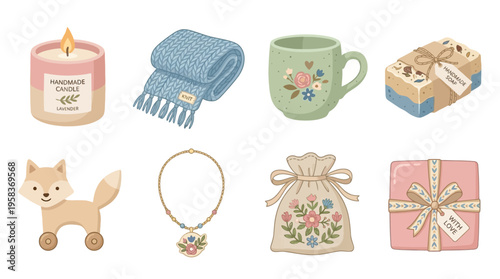 Cozy gifts and tokens arranged on a table with a vector graphic of a fox.