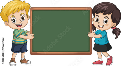 Cartoon illustration of two happy children holding a chalkboard, ready for learning and education