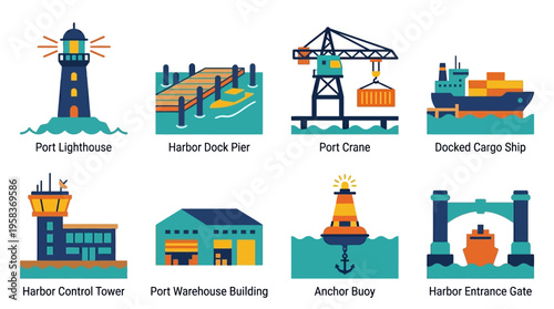 A vector illustration depicts a vibrant harbor scene with a lighthouse, docked cargo ship, and port crane near a warehouse.