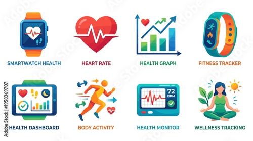 Vector illustration of a smartwatch displaying health metrics and a person engaging in fitness activities with a heart rate graph and wellness tracking data on a tablet.