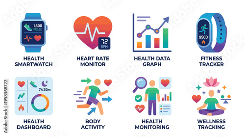 Vector graphic illustration of a health smartwatch and fitness tracker with heart rate monitor and health data graph on a dashboard for body activity and wellness tracking.