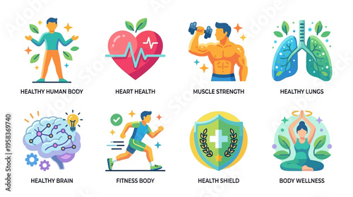 Vector illustrations of people engaging in fitness activities for overall body wellness and health with strong muscle strength and healthy lungs and brain.