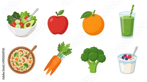 A vibrant vector illustration of healthy food including fruits and vegetables on a table indoors.