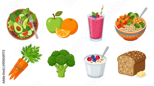 A vector illustration of various healthy food items arranged on a clean surface including fruits vegetables and snacks in a simple graphic style