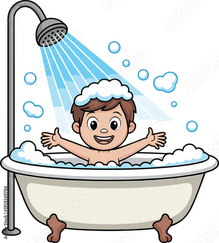 Cartoon illustration of a joyful child enjoying a bubbly bath under a shower, with playful water splashes and foam