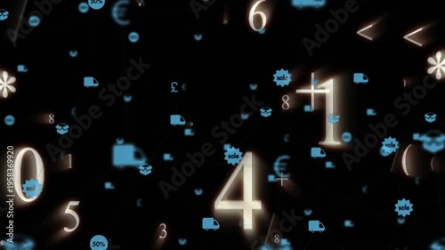 Animation of sale text, delivery trucks, euro symbols and numbers on black background