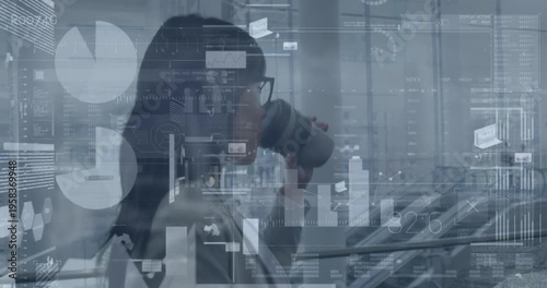 Animation of data processing over asian businesswoman walking