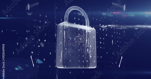 Data processing over security padlock icon against spot of light on blue background