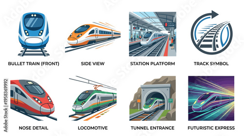 A vector illustration of a futuristic bullet train speeding through a tunnel entrance on a station platform with a track symbol.