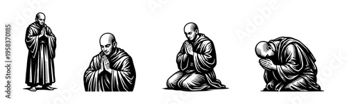 Monastic figures in prayer, black and white silhouette, religious theme illustration