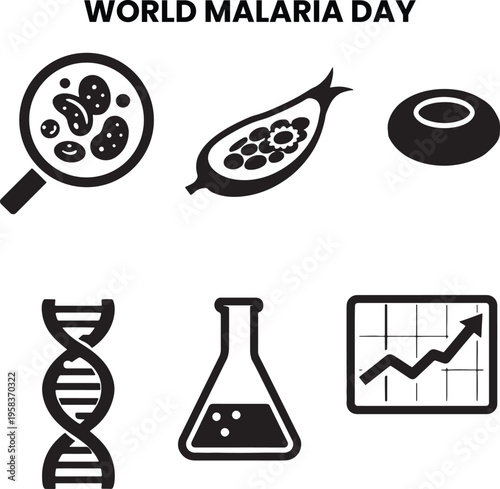 World malaria day laboratory research icons showing parasite cell magnification dna structure flask and data graph for scientific disease analysis