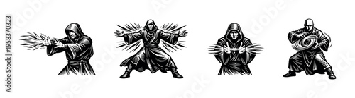 Black and white vector illustration of wizards performing magic spells silhouette clipart