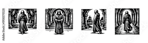Monochrome illustration of a hooded figure in architectural silhouette style