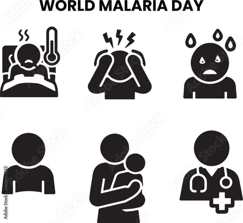 World malaria day symptoms and care icons depicting fever headache sweating patient mother and child and professional medical doctor silhouettes set