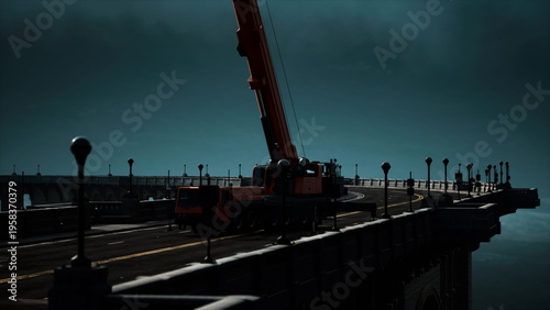 Canvastavla A construction crane looms over a bridge as workers focus on their tasks