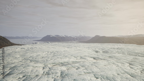 Expansive glacier stretches towards distant mountains, bathed in warm sunlight. The serene atmosphere captures the beauty of nature in this untouched wilderness at dawn.