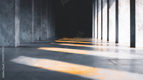 Minimalist architectural corridor creating rhythm with concrete columns and strong sunlight streaks on the floor