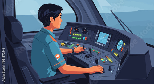 Train Driver Operating Modern Locomotive Control Panel.