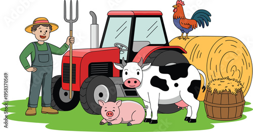 Cartoon illustration of a farmer with a tractor, cow, pig, and rooster, perfect for children’s educational content and farm-themed designs