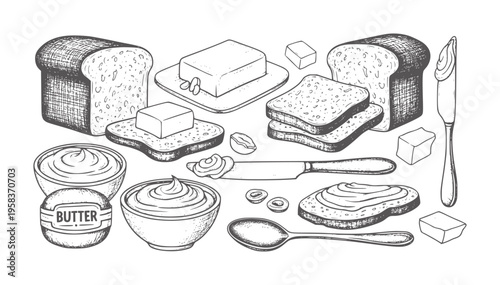 Hand drawn butter and bread slices with knife and spoon toast