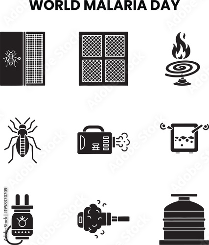 World malaria day prevention icons set featuring mosquito mesh screen repellent coil bug spray electric vaporizer and chemical treatment equipments
