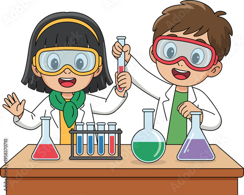 Cartoon illustration of two kids conducting science experiments with colorful liquids, ideal for educational and kids’ content