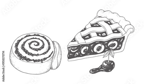 Hand drawn cinnamon roll and slice of cherry pie with cherry garnish pastry swirl