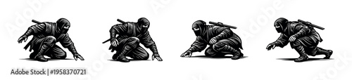 Ninja warrior silhouettes, black and white vector illustrations of ninja poses