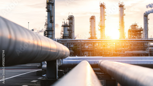 Oil refinery plant pipelines transporting petroleum products with industrial structures under a bright sunset sky