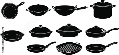 Cookware silhouette set with frying pans, pots and grill pan, kitchen equipment collection illustration for cooking, culinary, food preparation and chef design concept