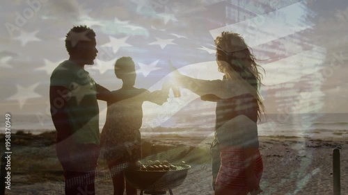 Animation of waving usa flag over group of diverse friends on the beach
